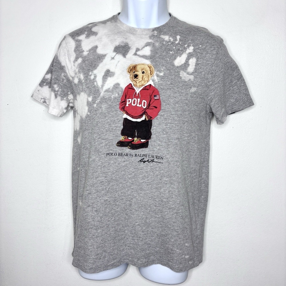 Polo Ralph Lauren Polo Bear Tee Mens Small Gray Distressed Bleach Dye Graphic